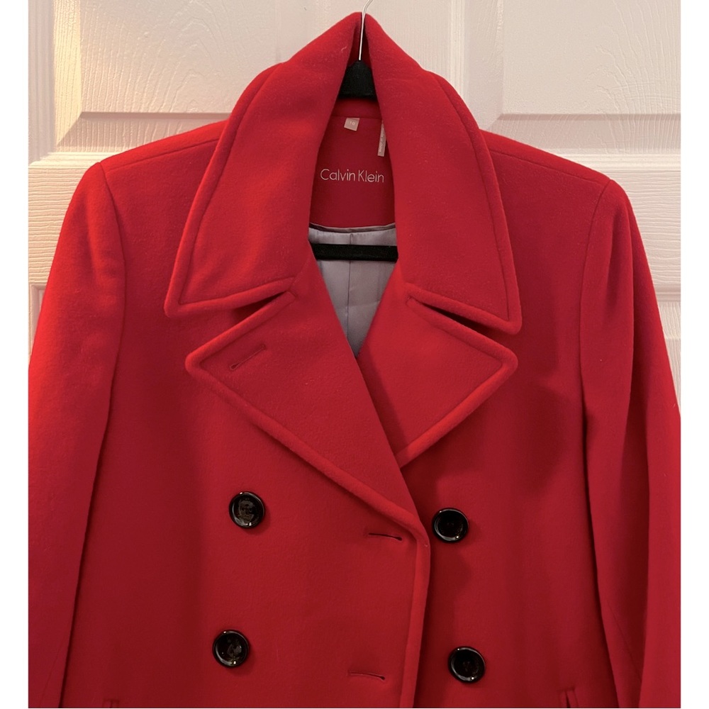 ❣️Calvin Klein Red Classic Winter Fall Autumn 100% Wool Pea Coat Size 10 Large❣️ - Picture 2 of 13